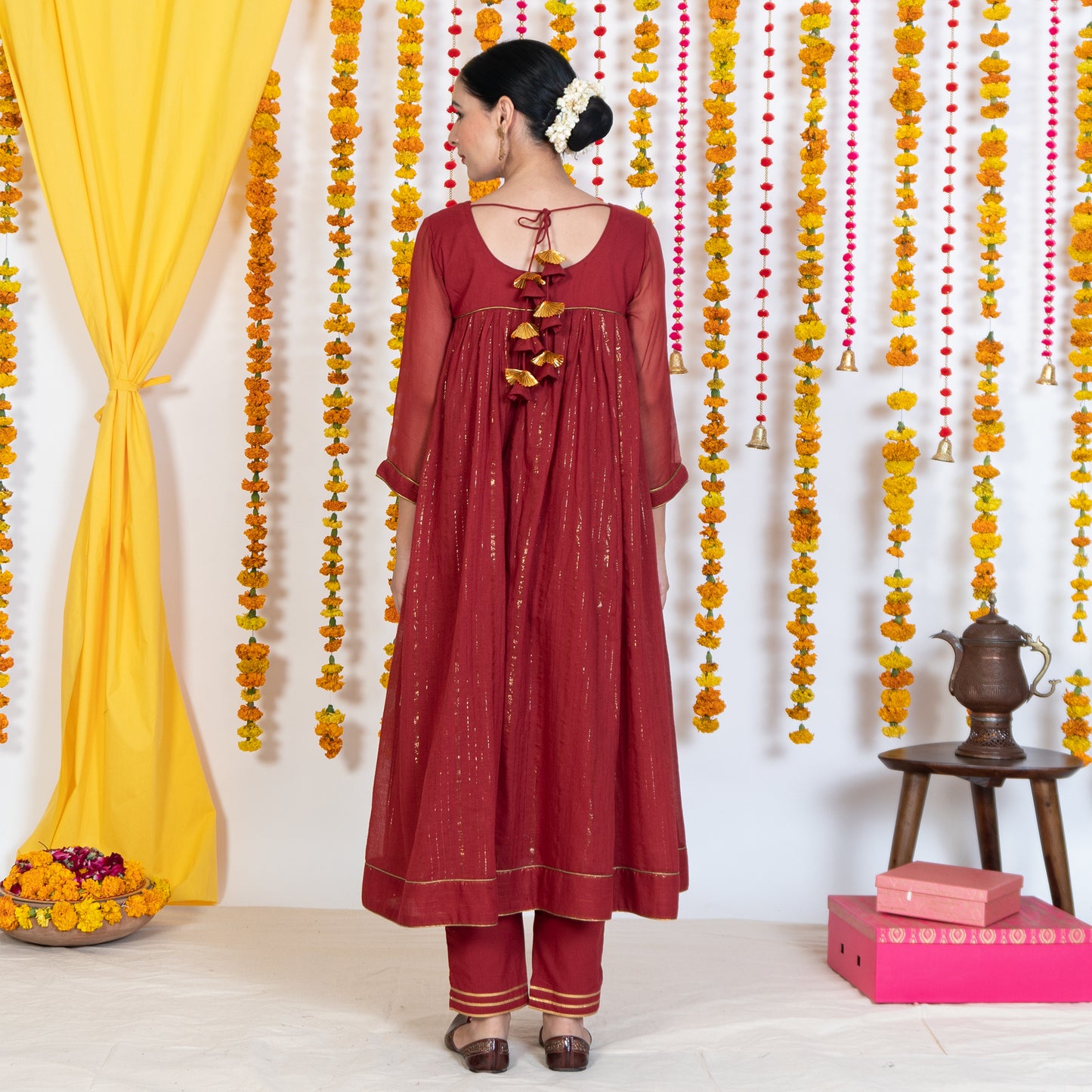 Red V Neck Embroidered Anarkali Kurta Set With Dupatta (Set Of 3)