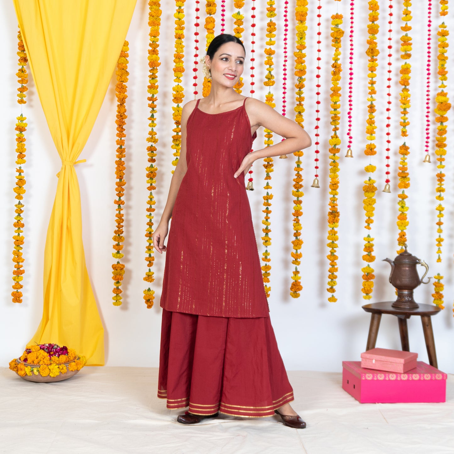 Red Spaghetti Straps Straight Short Kurta