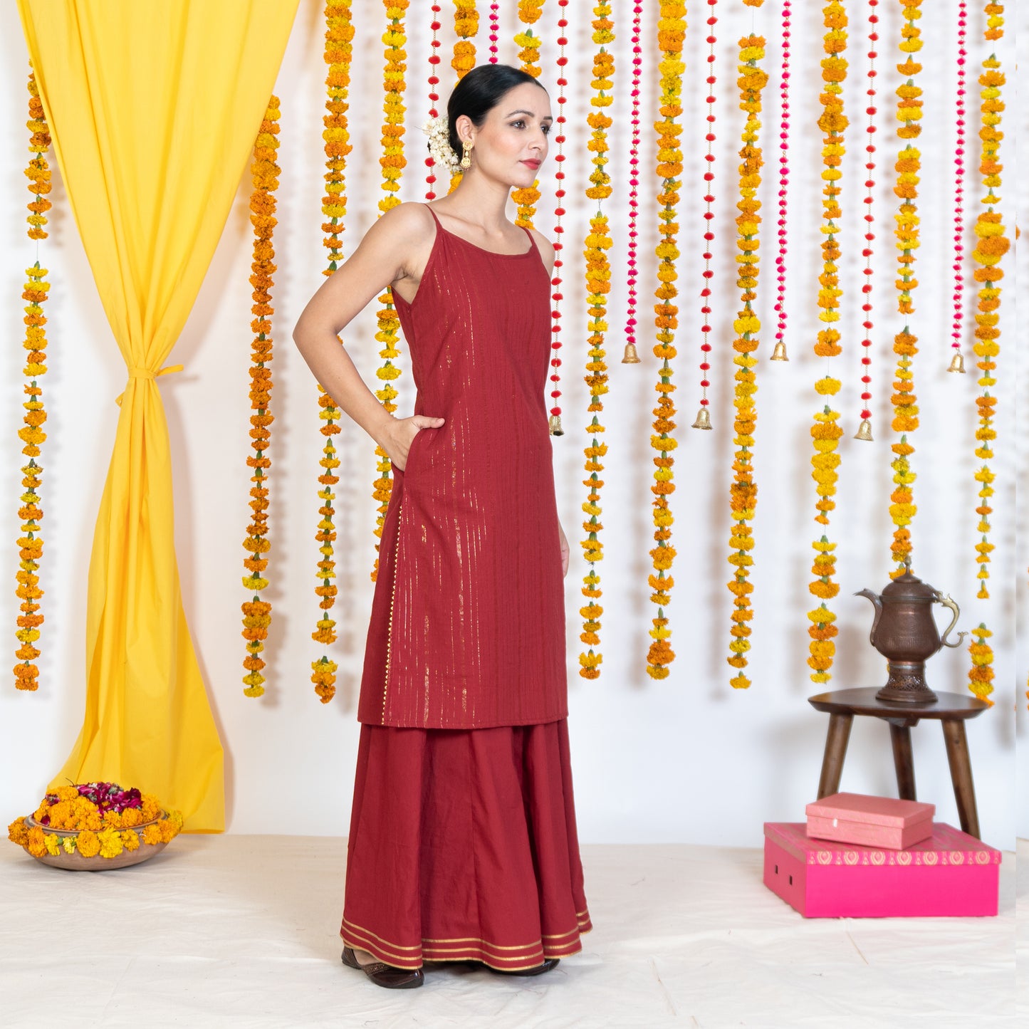 Red Spaghetti Straps Straight Short Kurta