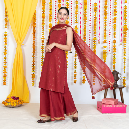 Red Spaghetti Straps Straight Short Kurta Sharara Set With Dupatta (Set Of 3)