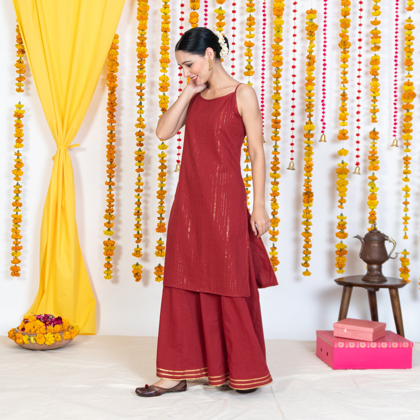 Red Spaghetti Straps Straight Short Kurta Sharara Set With Dupatta (Set Of 3)