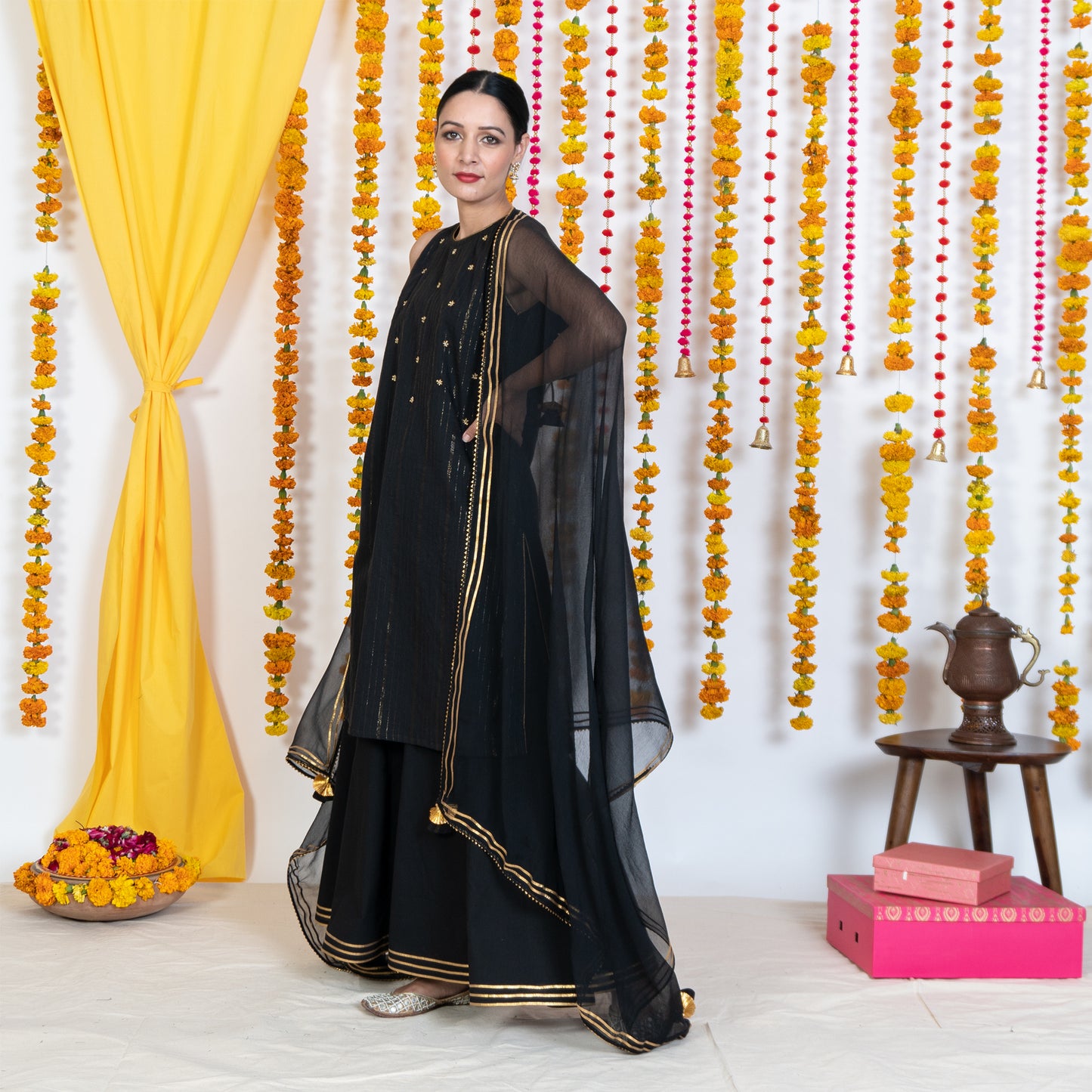 Black Round Neck, Sleeveless Embroidery Short Kurta Sharara Set With Dupatta (Set Of 3)