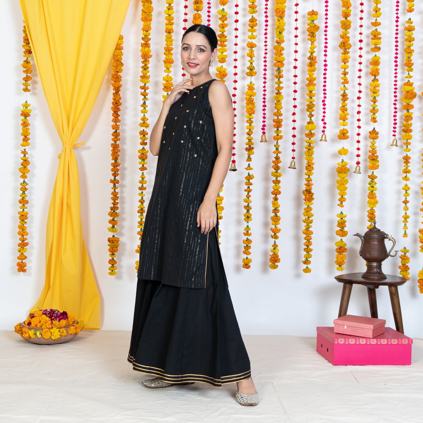 Black Round Neck, Sleeveless Embroidery Short Kurta Sharara Set With Dupatta (Set Of 3)