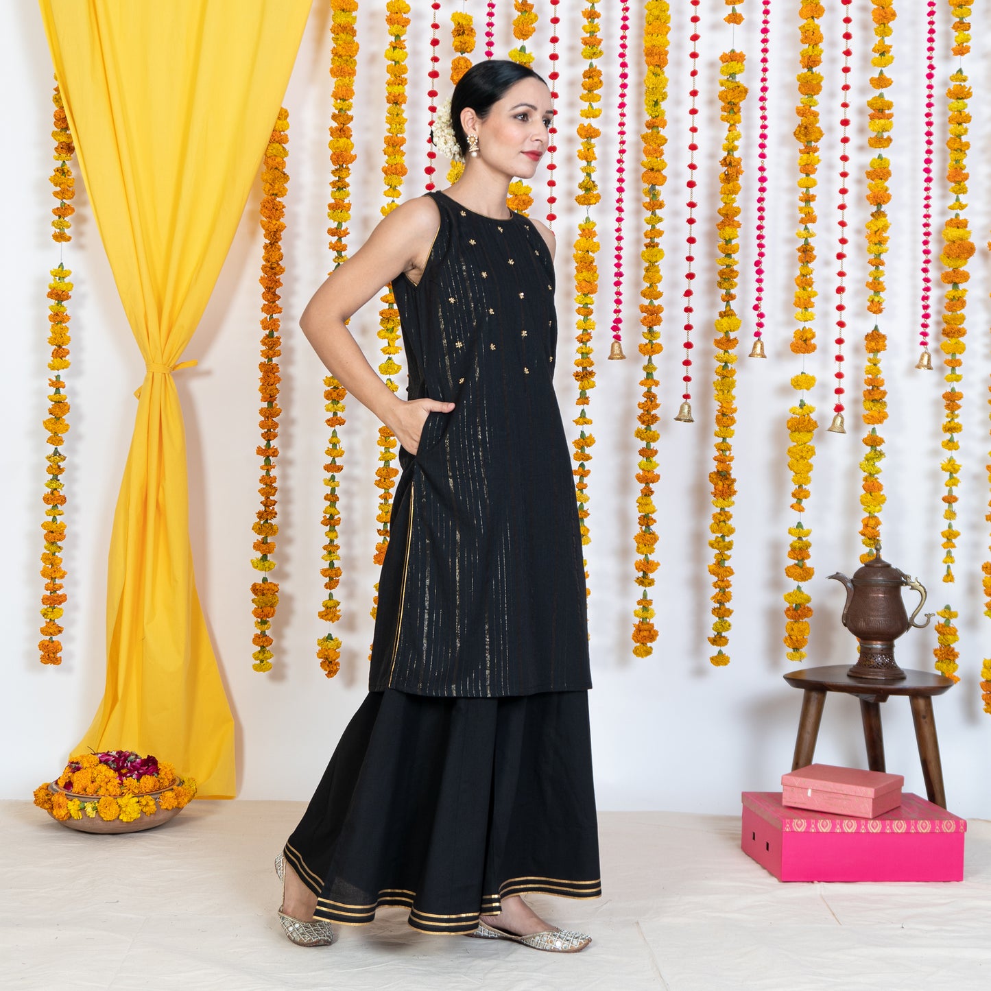 Black Round Neck, Sleeveless Embroidery Short Kurta Sharara Set With Dupatta (Set Of 3)