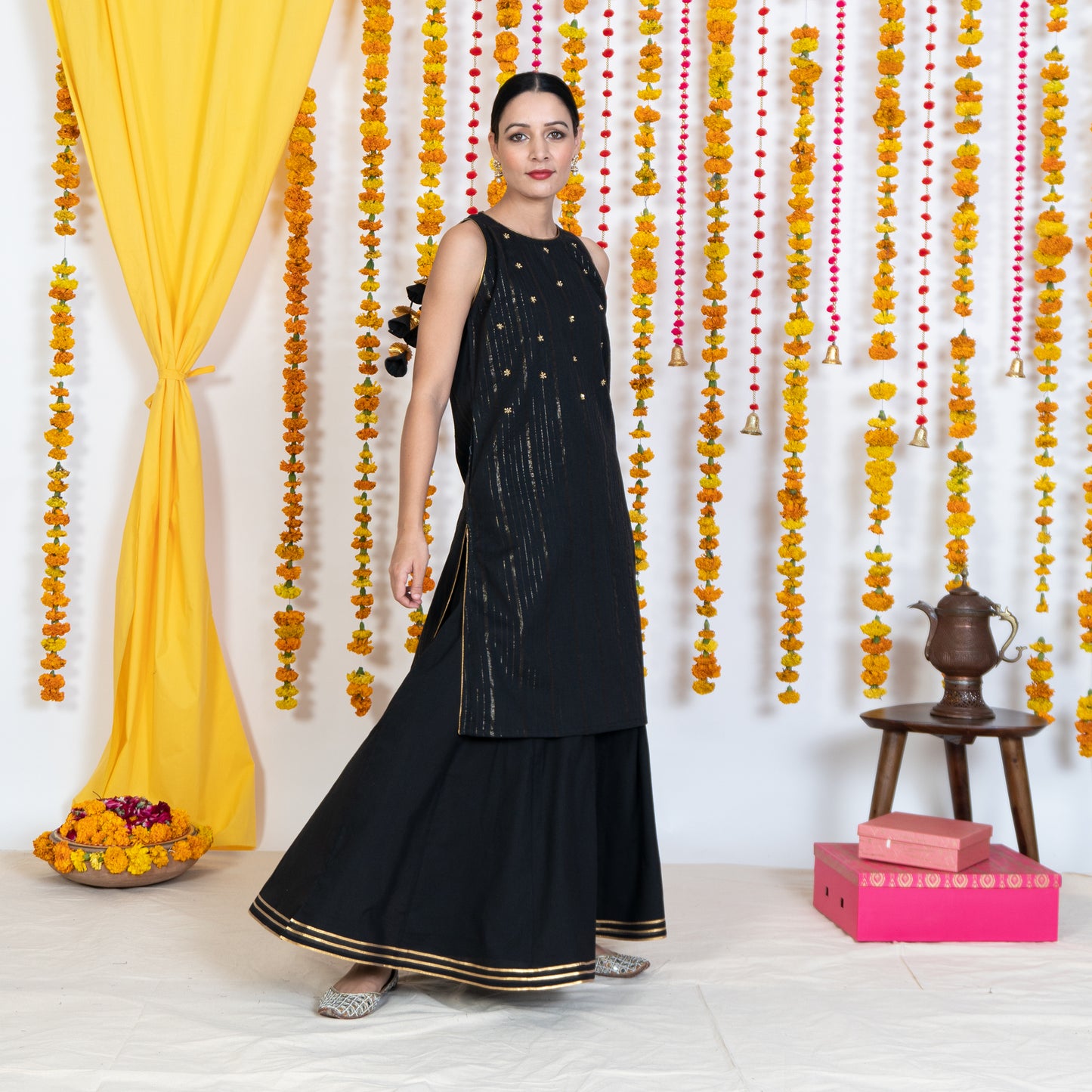 Black Round Neck, Sleeveless Embroidery Short Kurta Sharara Set With Dupatta (Set Of 3)