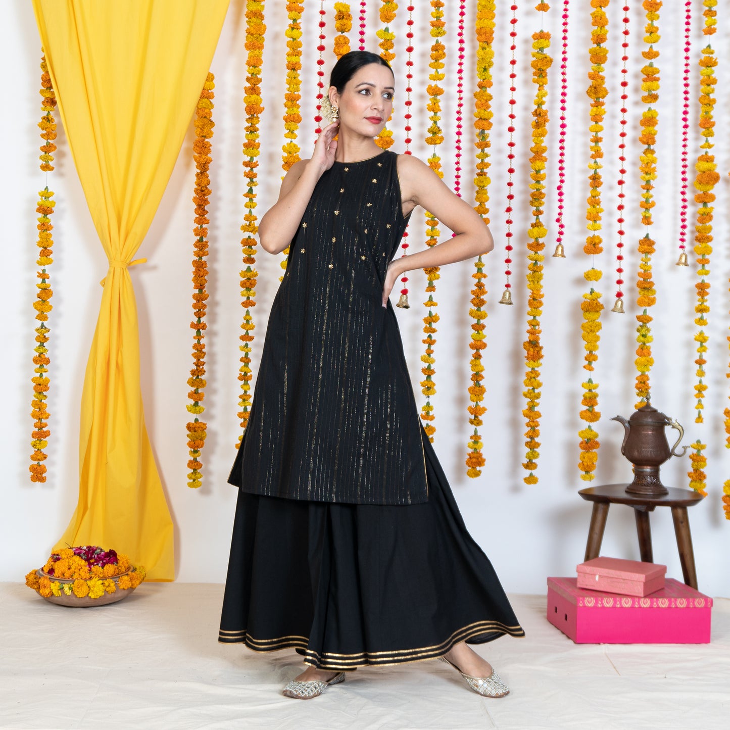 Black Round Neck, Sleeveless Embroidery Short Kurta Sharara Set With Dupatta (Set Of 3)