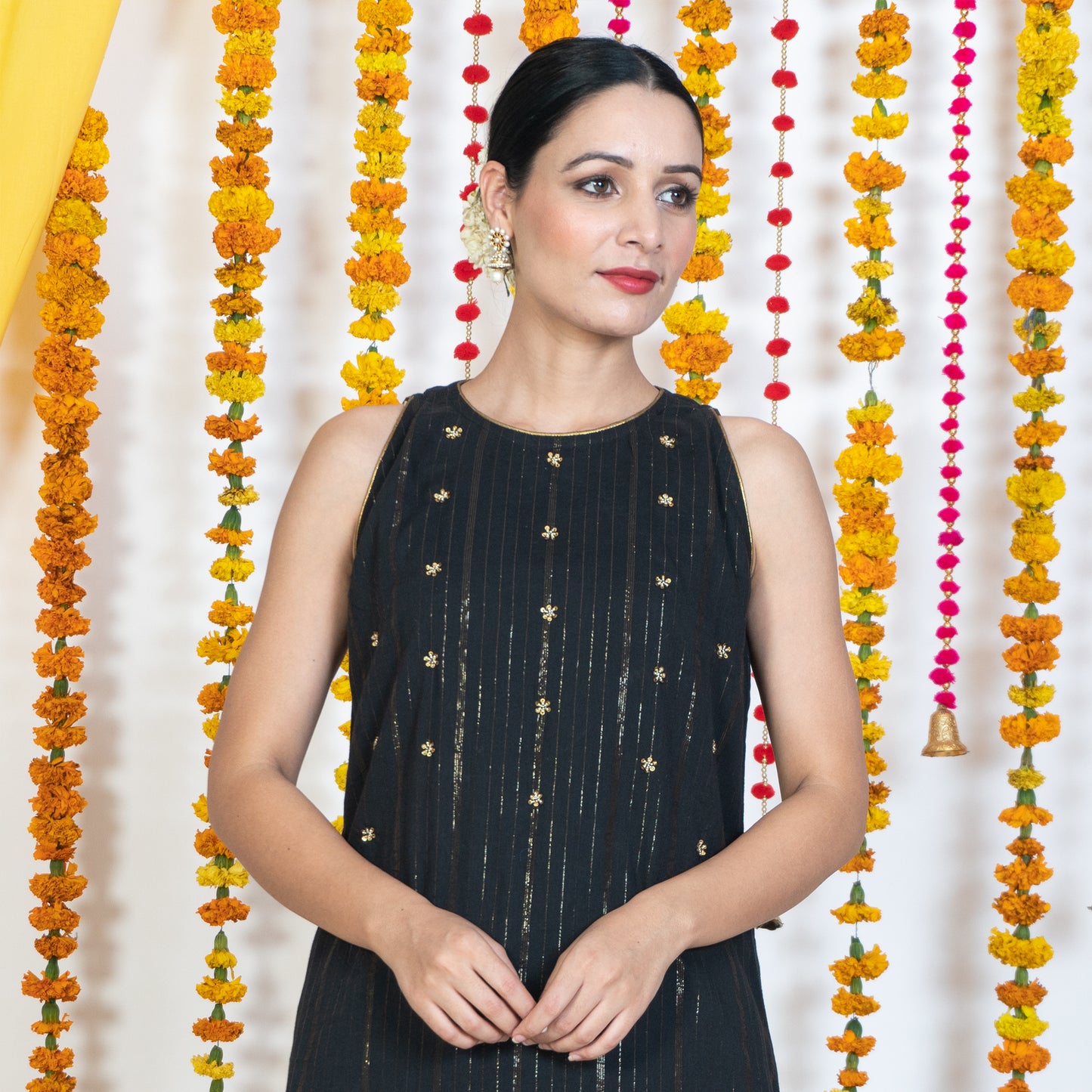 Black Round Neck, Sleeveless Embroidery Short Kurta Sharara Set With Dupatta (Set Of 3)