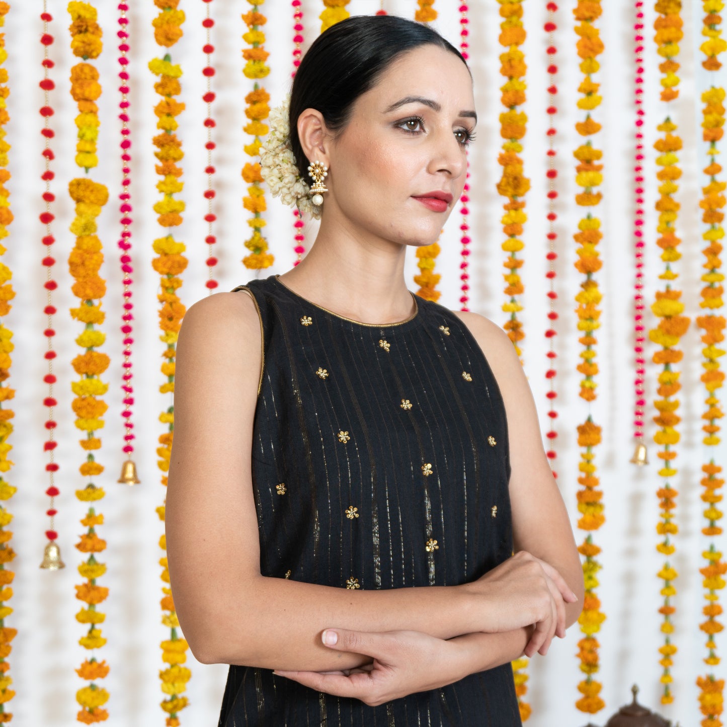 Black Round Neck, Sleeveless Embroidery Short Kurta Sharara Set With Dupatta (Set Of 3)