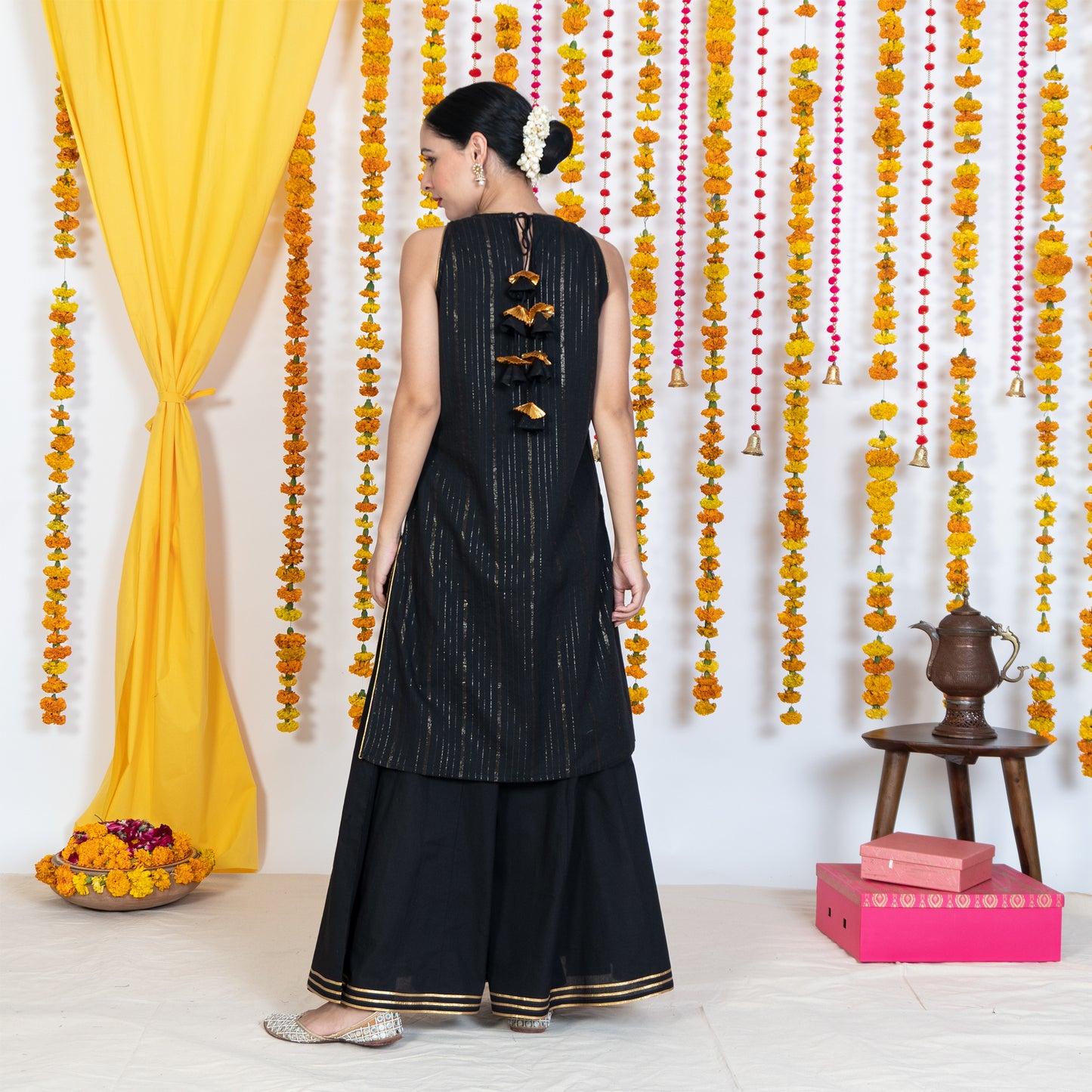 Black Round Neck, Sleeveless Embroidery Short Kurta Sharara Set With Dupatta (Set Of 3)