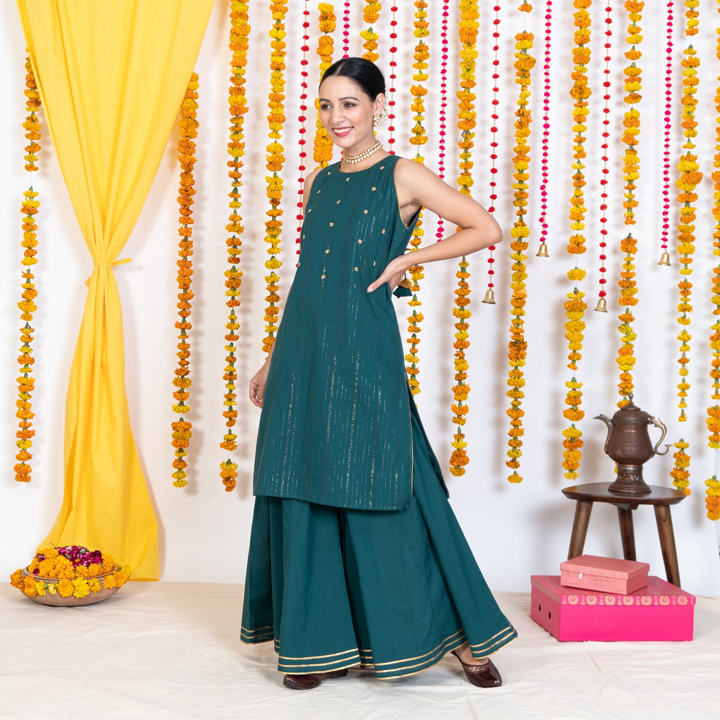 Green Round Neck, Sleeveless Embroidery Short Kurta Sharara Set With Dupatta (Set Of 3)