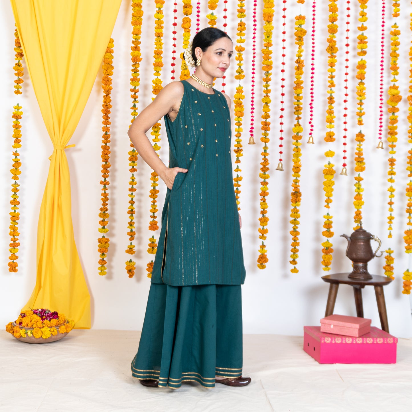 Green Round Neck, Sleeveless Embroidery Short Kurta Sharara Set With Dupatta (Set Of 3)