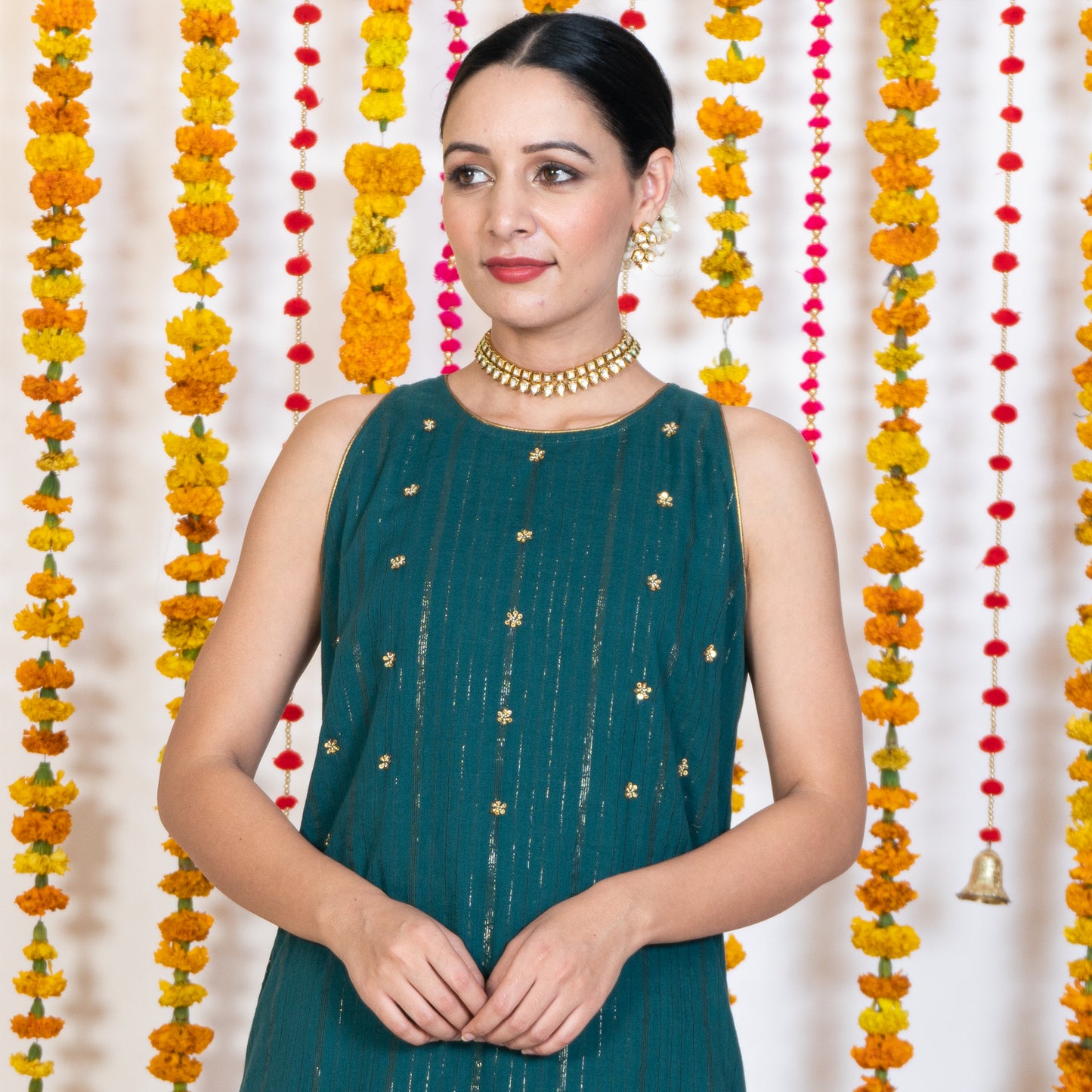Green Round Neck, Sleeveless Embroidery Short Kurta Sharara Set With Dupatta (Set Of 3)