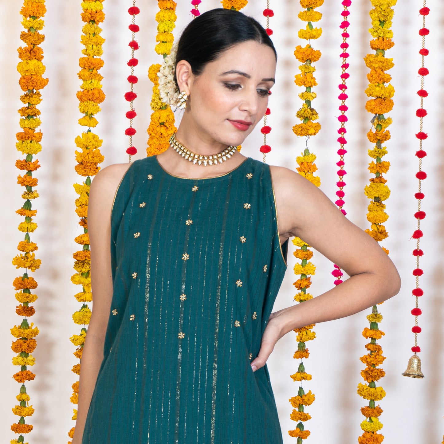 Green Round Neck, Sleeveless Embroidery Short Kurta Sharara Set With Dupatta (Set Of 3)