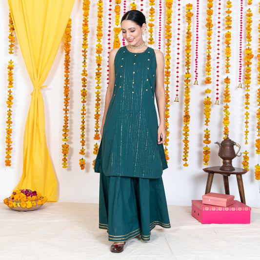 Green Round Neck, Sleeveless Embroidery Short Kurta