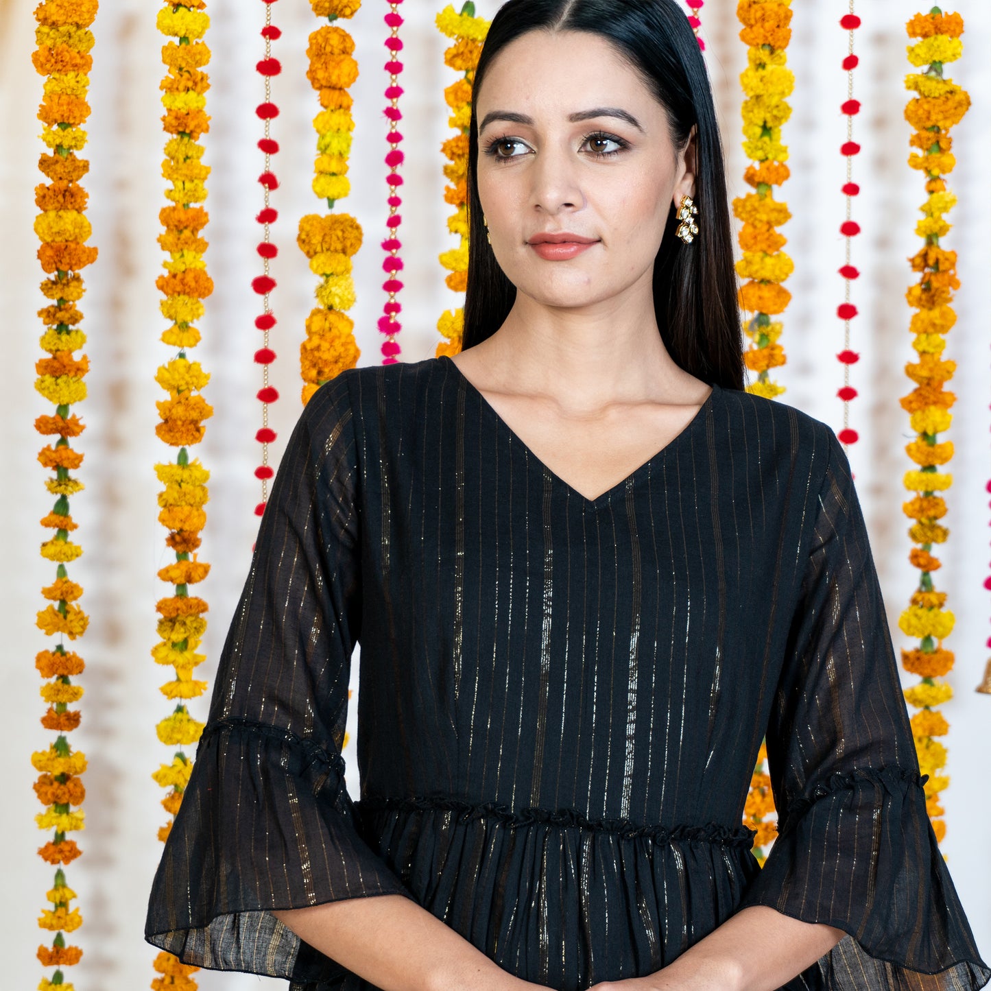 Black Flair Tiered Knee Length Dress