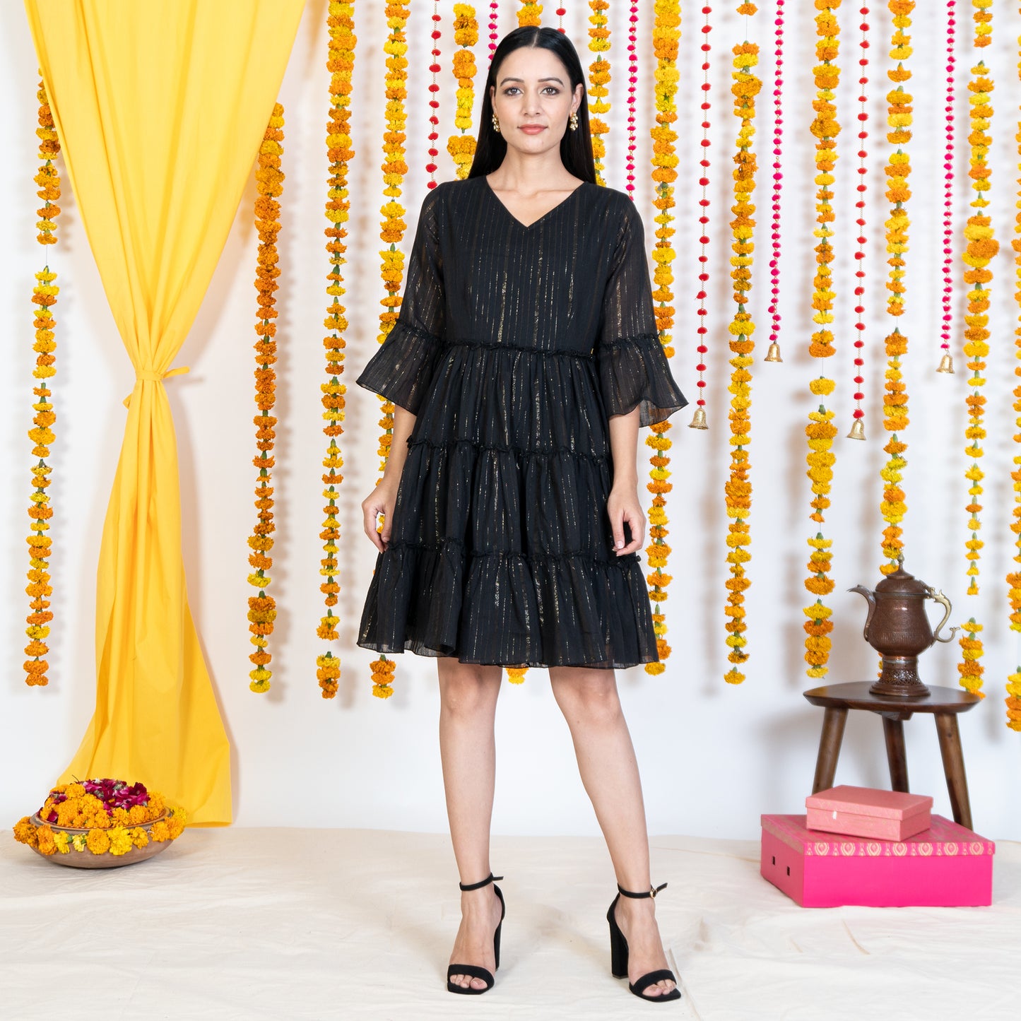 Black Flair Tiered Knee Length Dress