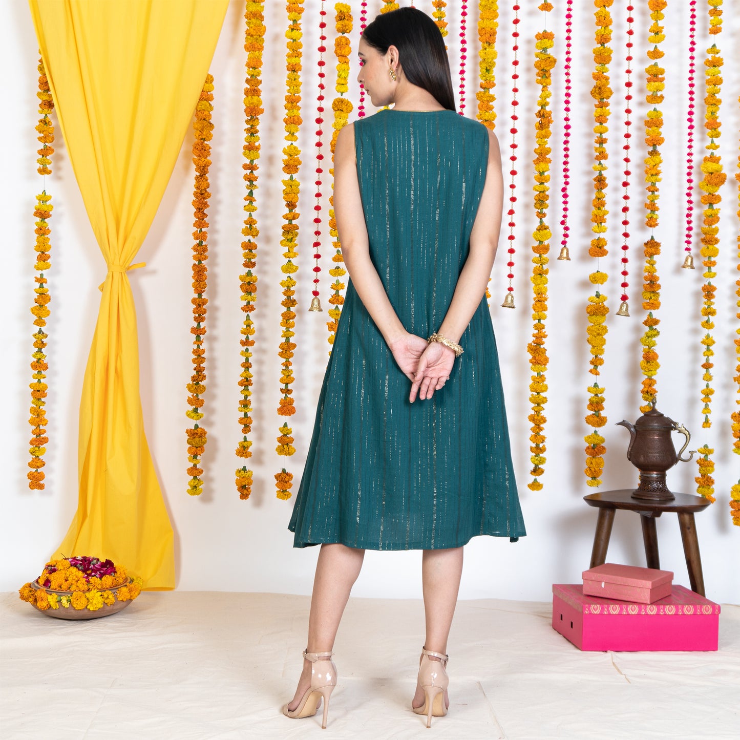 Green A-Line Panel Sleeveless Dress