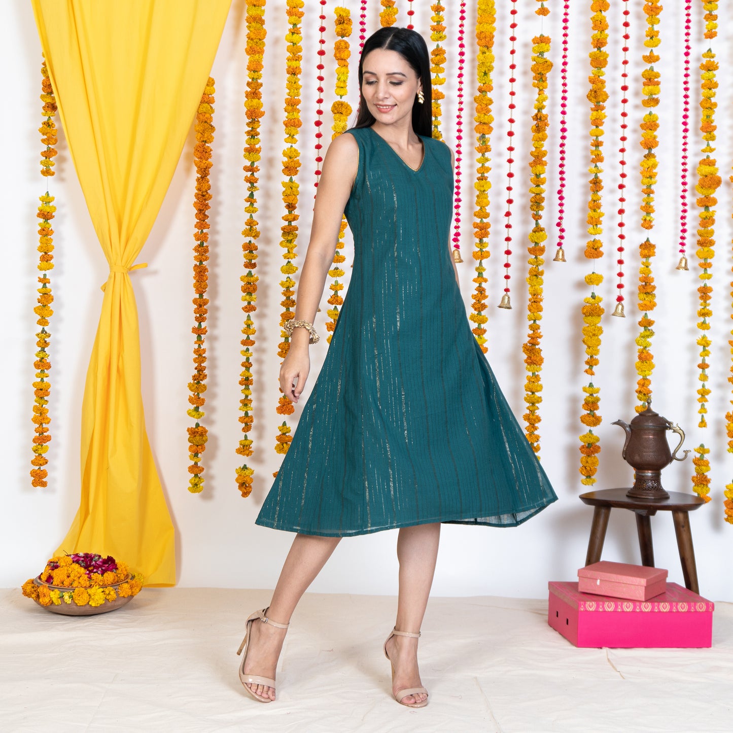 Green A-Line Panel Sleeveless Dress