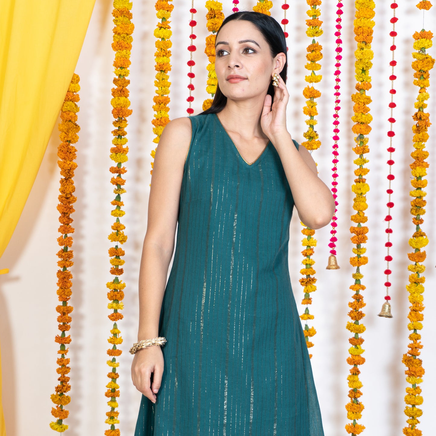 Green A-Line Panel Sleeveless Dress