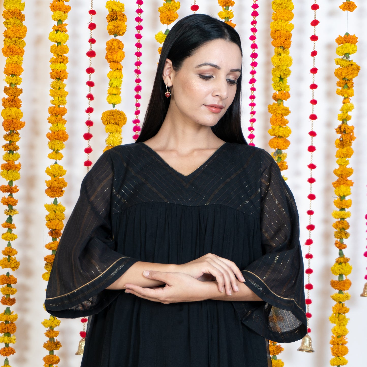 Black Yolk With Chiffon Flare Dress