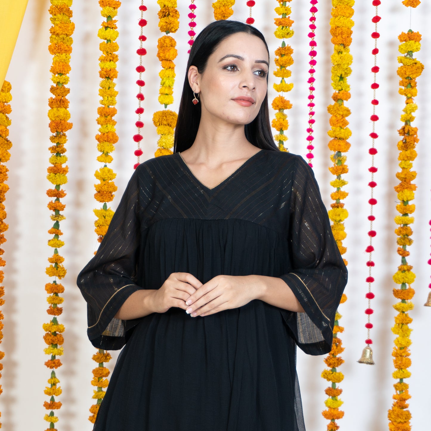 Black Yolk With Chiffon Flare Dress