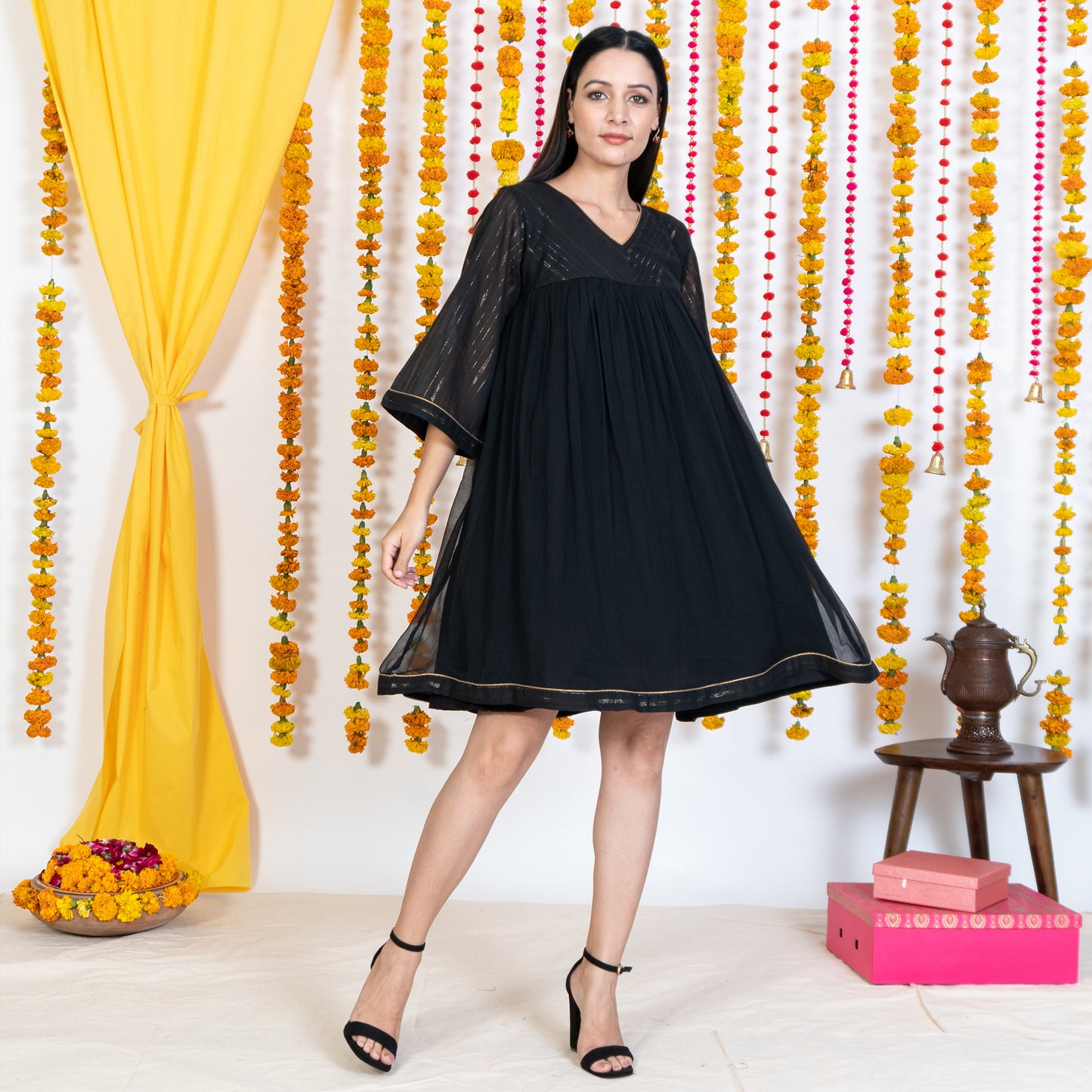 Black Yolk With Chiffon Flare Dress