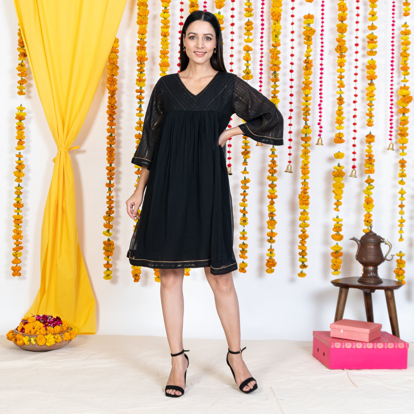 Black Yolk With Chiffon Flare Dress