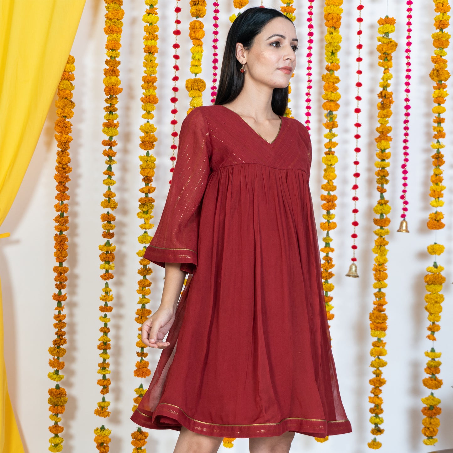 Red Yolk With Chiffon Flare Dress