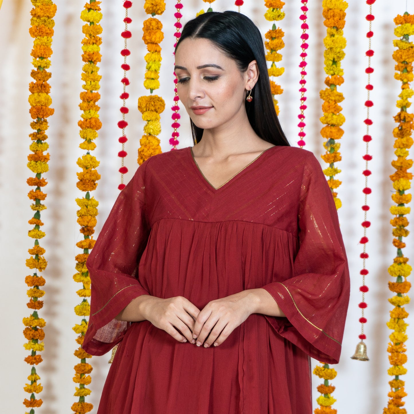 Red Yolk With Chiffon Flare Dress