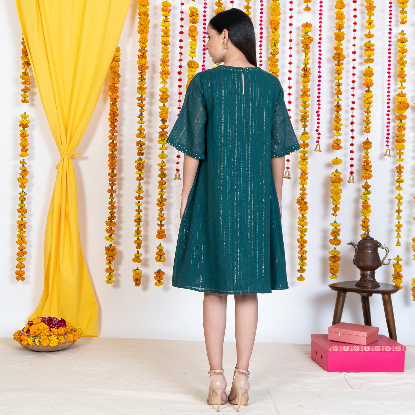 Green A-Line Exaggerated Sleeves Short Dress