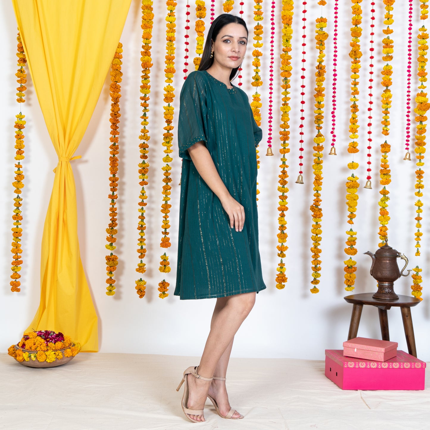Green A-Line Exaggerated Sleeves Short Dress