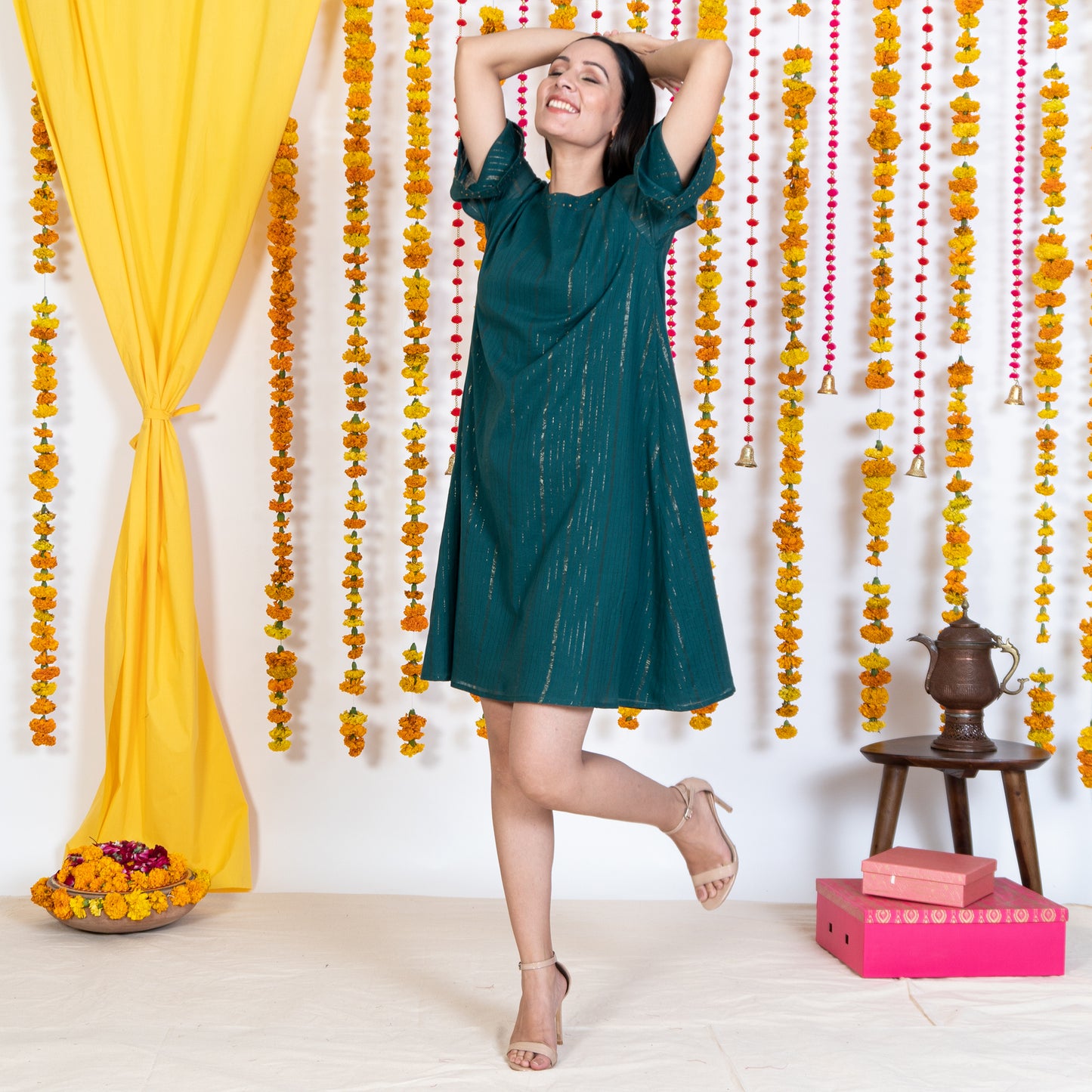 Green A-Line Exaggerated Sleeves Short Dress