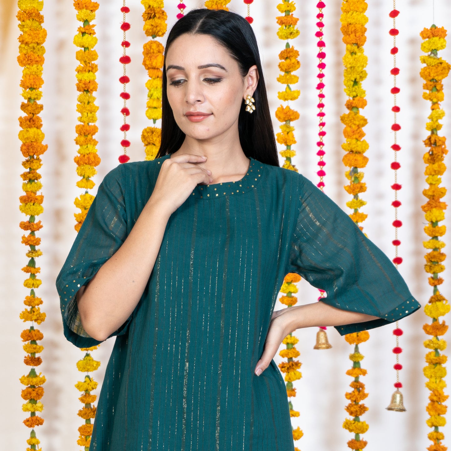 Green A-Line Exaggerated Sleeves Short Dress