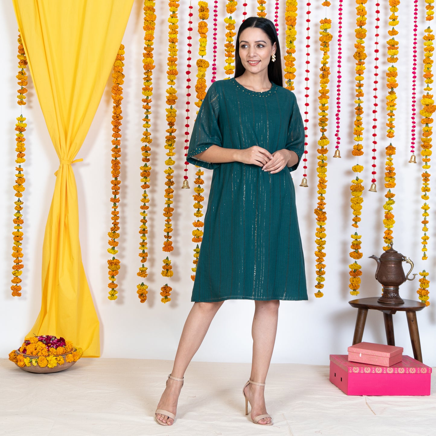 Green A-Line Exaggerated Sleeves Short Dress