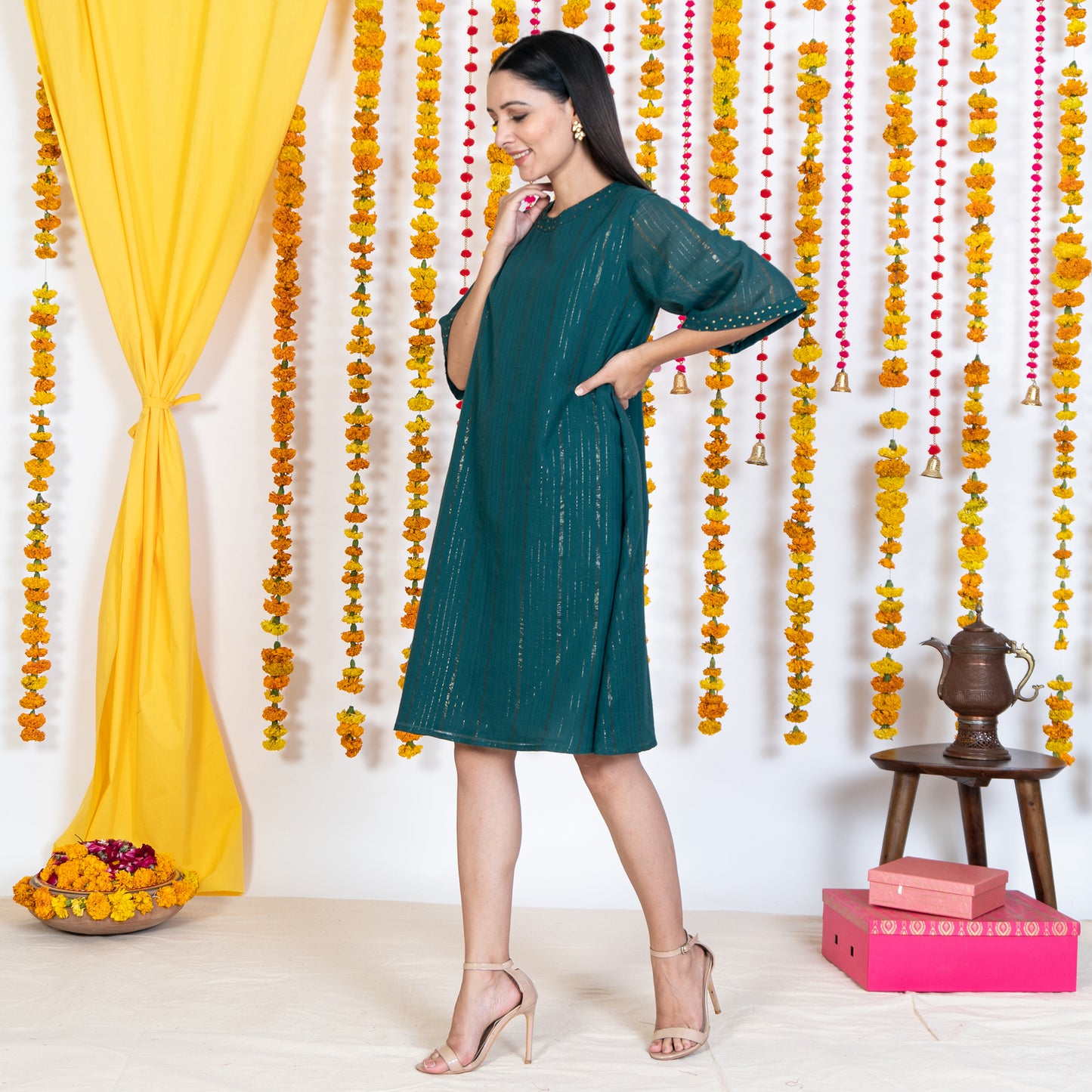 Green A-Line Exaggerated Sleeves Short Dress