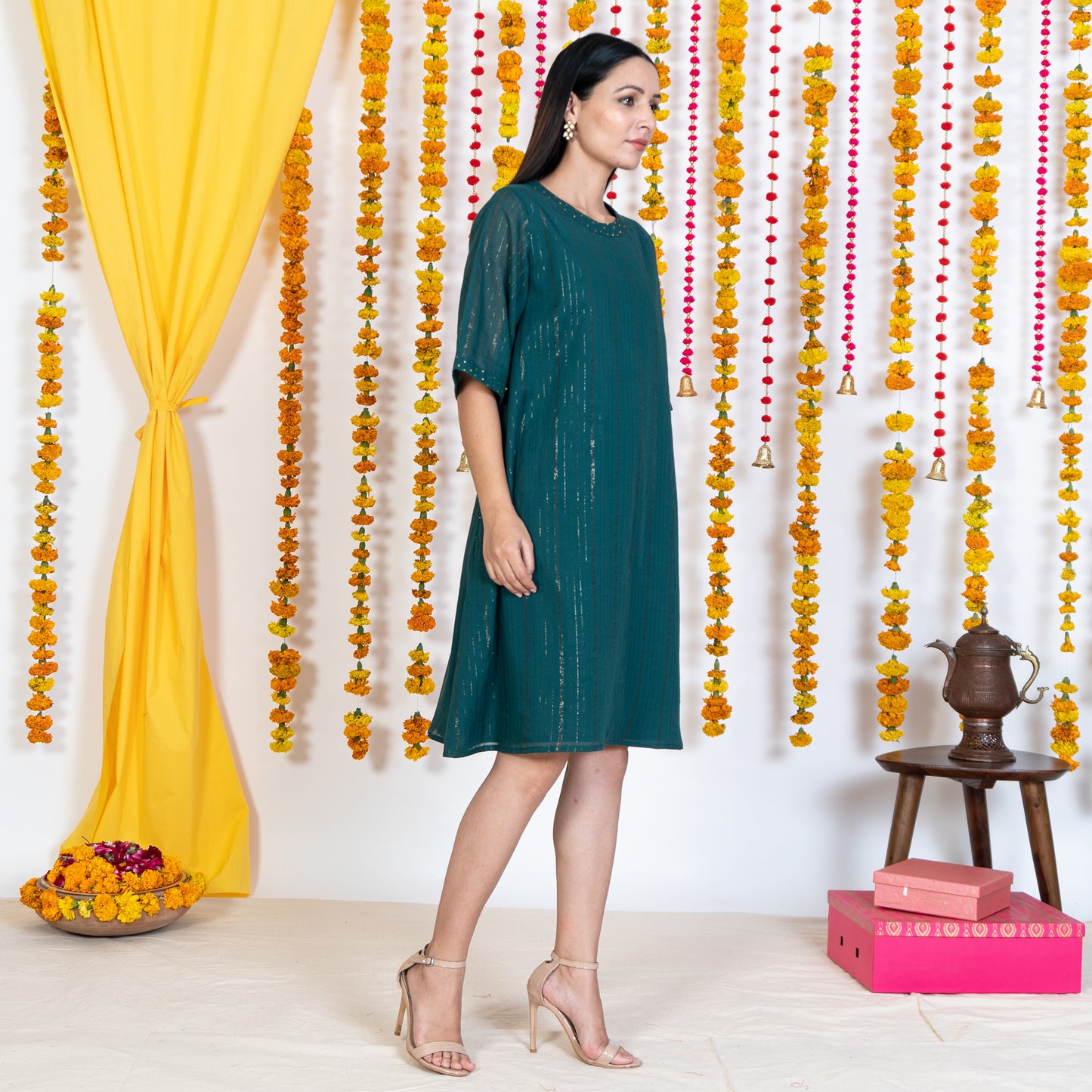 Green A-Line Exaggerated Sleeves Short Dress
