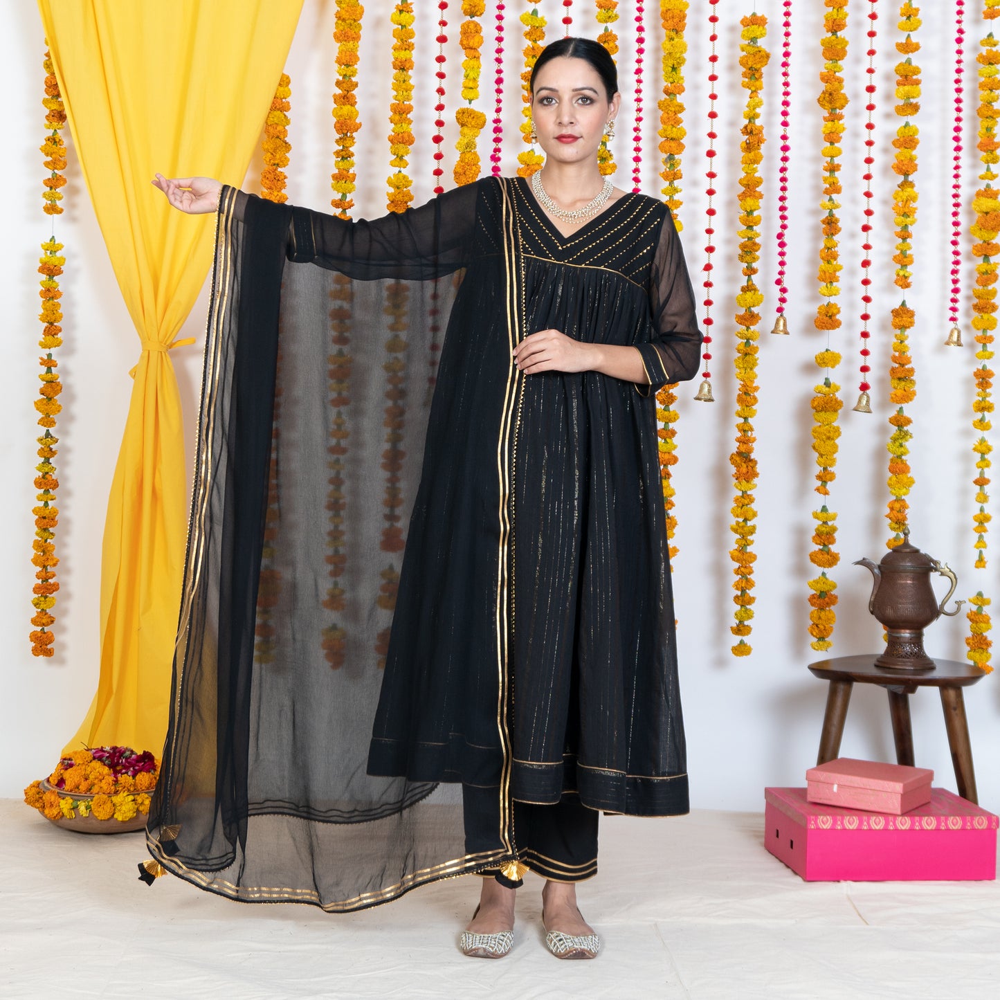 Black Dupatta With Gotta Embroidery & Tassels