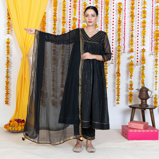 Black Dupatta With Gotta Embroidery & Tassels
