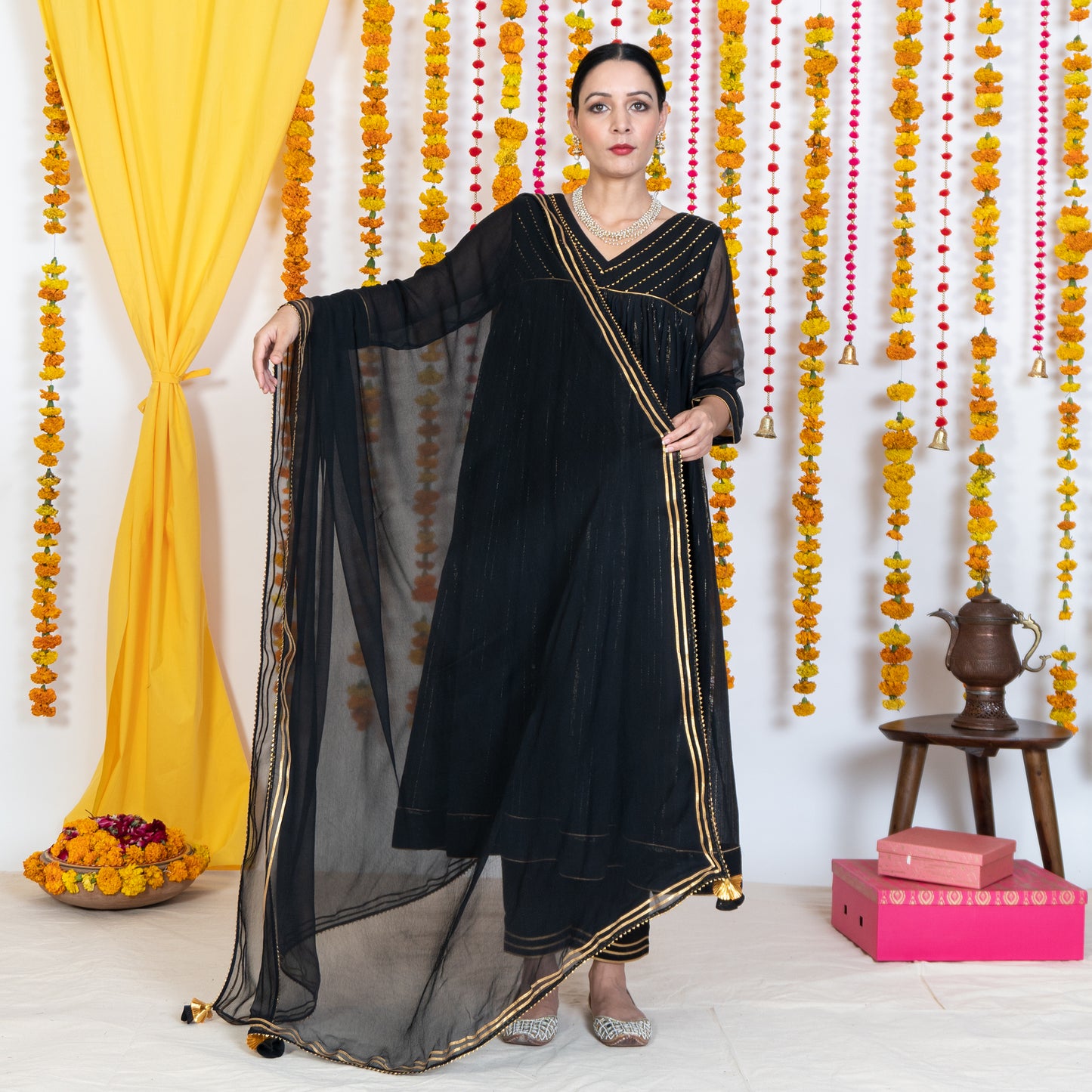 Black Dupatta With Gotta Embroidery & Tassels