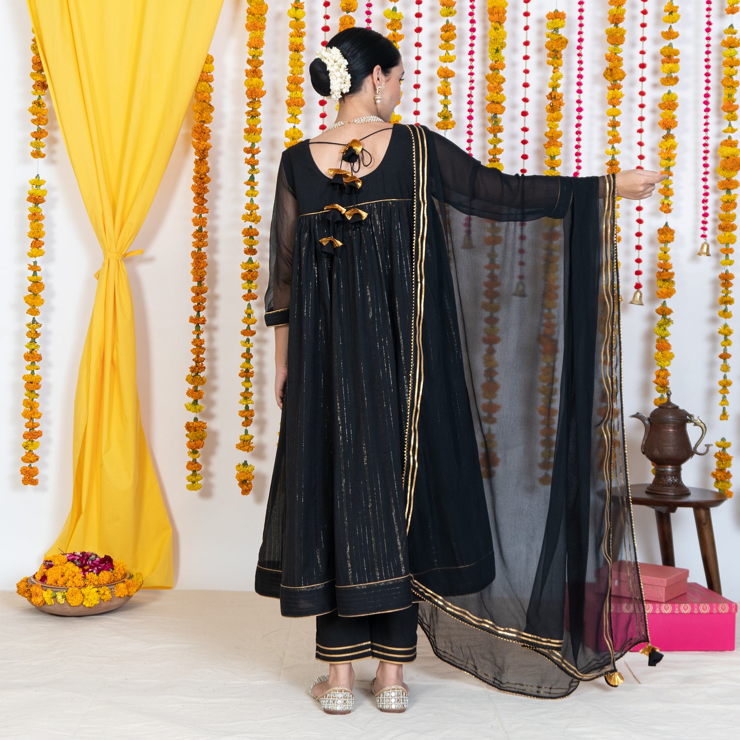 Black Dupatta With Gotta Embroidery & Tassels