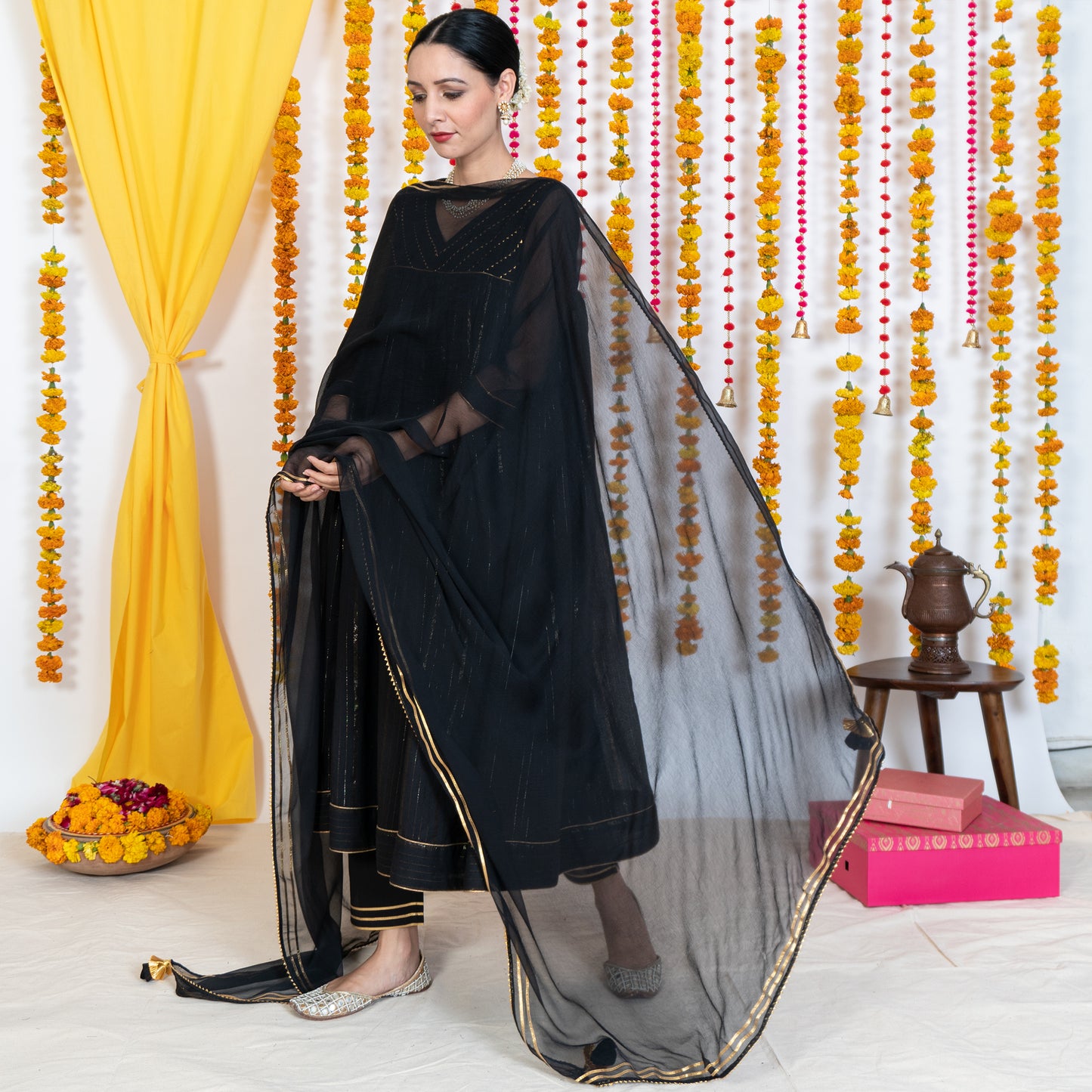 Black Dupatta With Gotta Embroidery & Tassels