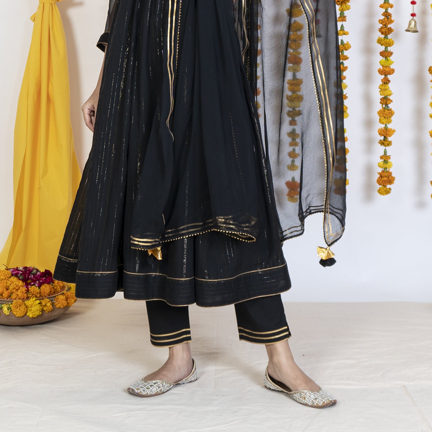 Black Dupatta With Gotta Embroidery & Tassels