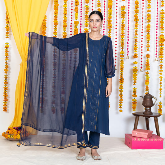 Blue Dupatta With Gotta Embroidery & Tassels