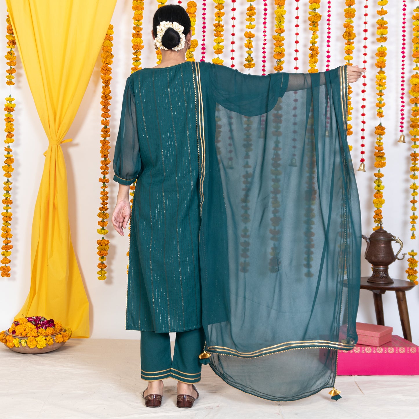 Green Dupatta With Gotta Embroidery & Tassels
