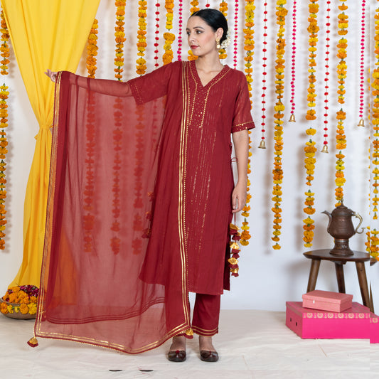 Red Dupatta With Gotta Embroidery & Tassels