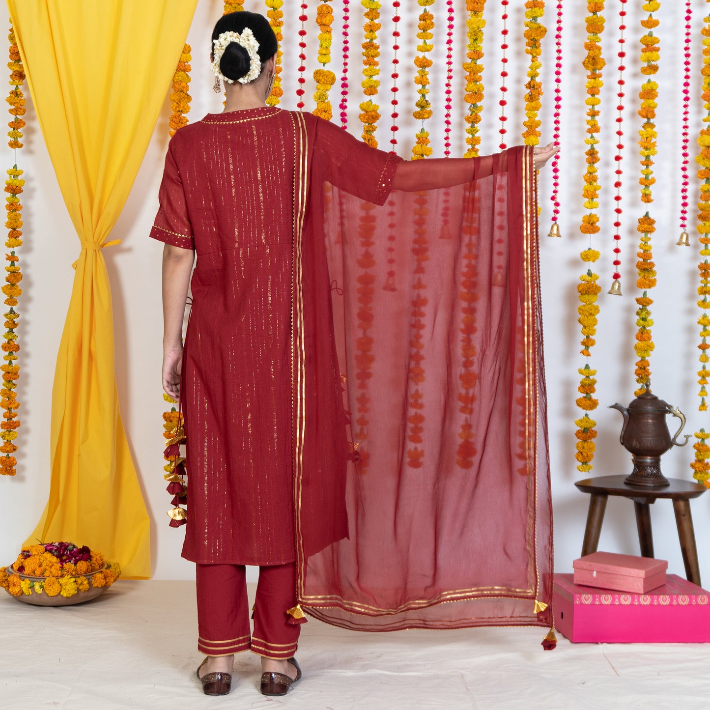 Red Dupatta With Gotta Embroidery & Tassels