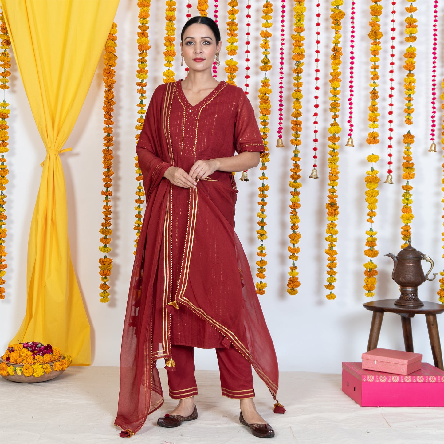 Red Dupatta With Gotta Embroidery & Tassels