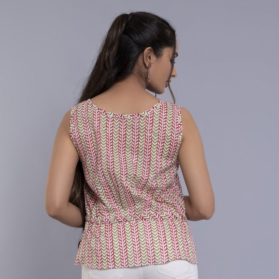 Geometric Handblock Printed Pink Mulmul Cotton Peplum Top for Women
