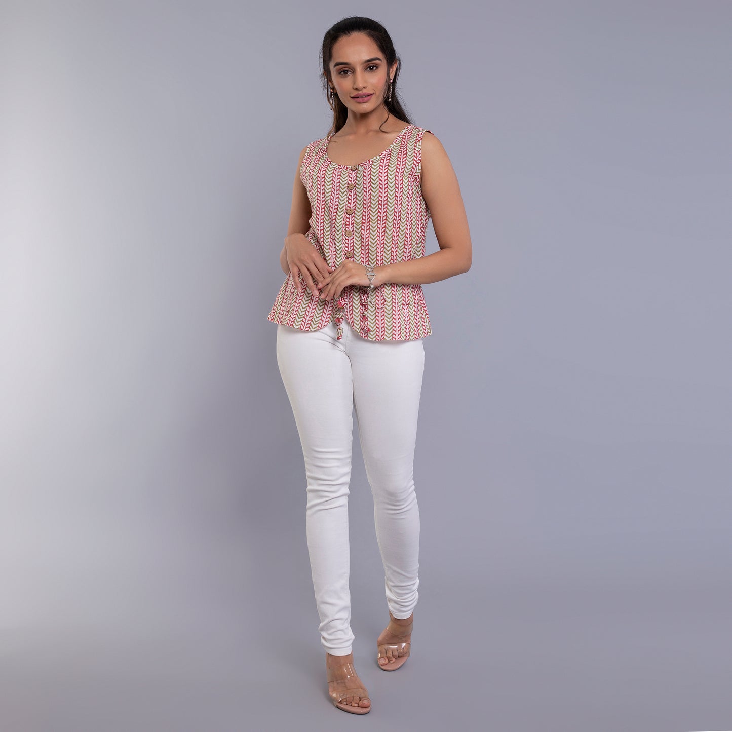 Geometric Handblock Printed Pink Mulmul Cotton Peplum Top for Women