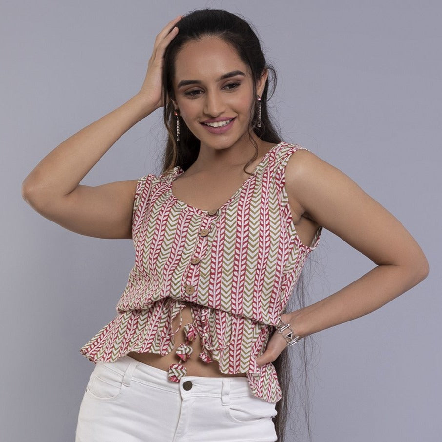 Geometric Handblock Printed Pink Mulmul Cotton Peplum Top for Women